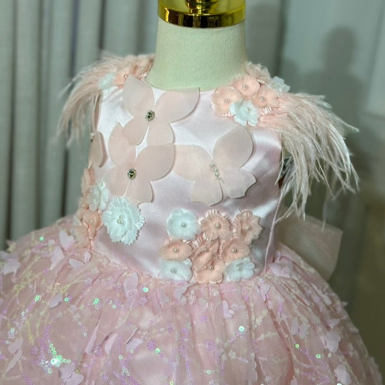 Vestido de Fiesta Infantil Mariposas y Plumas Lentejuela