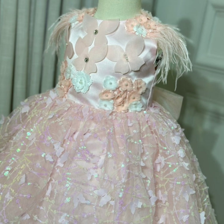 Vestido de Fiesta Infantil Mariposas y Plumas Lentejuela