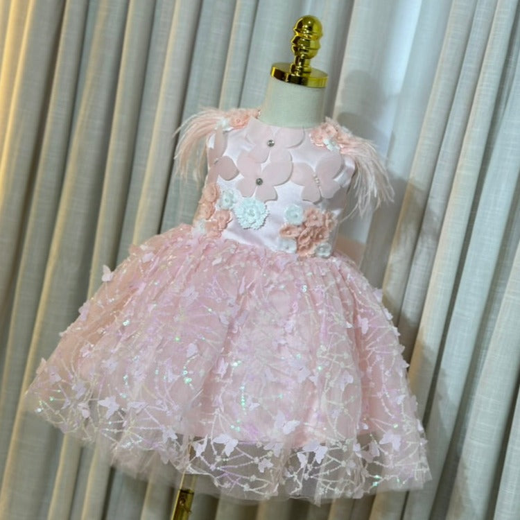 Vestido de Fiesta Infantil Mariposas y Plumas Lentejuela