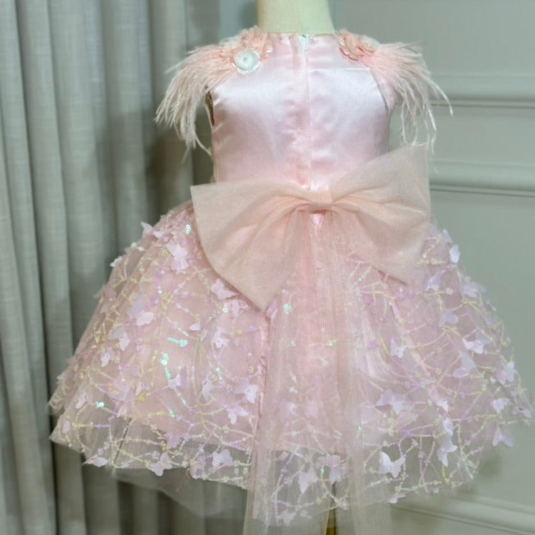 Vestido de Fiesta Infantil Mariposas y Plumas Lentejuela