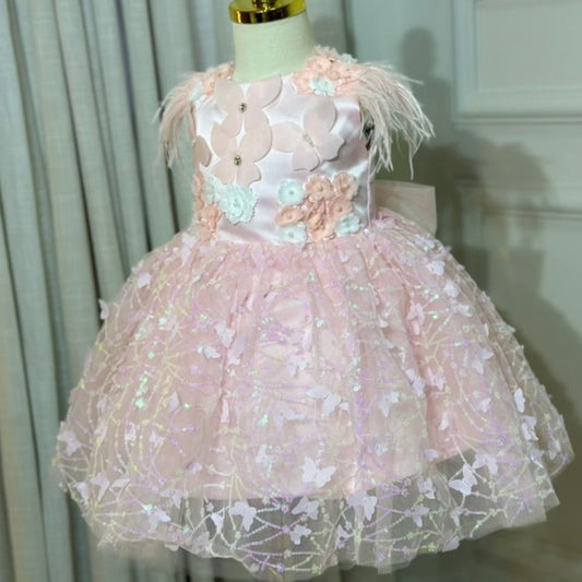 Vestido de Fiesta Infantil Mariposas y Plumas Lentejuela