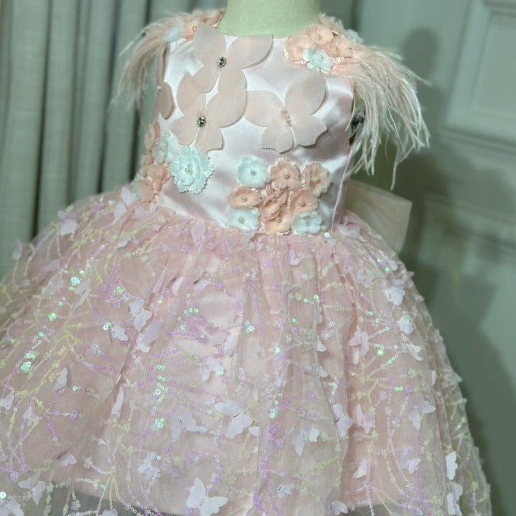 Vestido de Fiesta Infantil Mariposas y Plumas Lentejuela