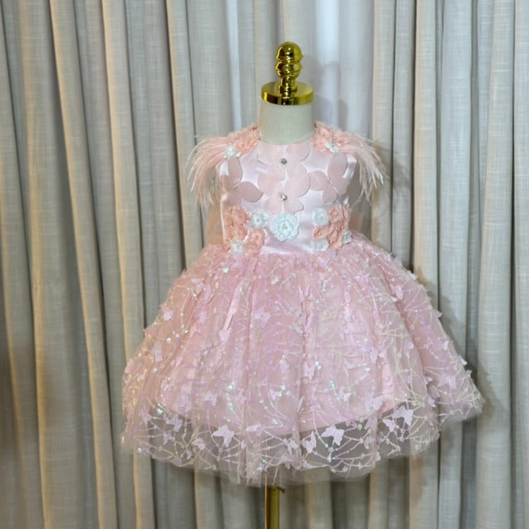 Vestido de Fiesta Infantil Mariposas y Plumas Lentejuela
