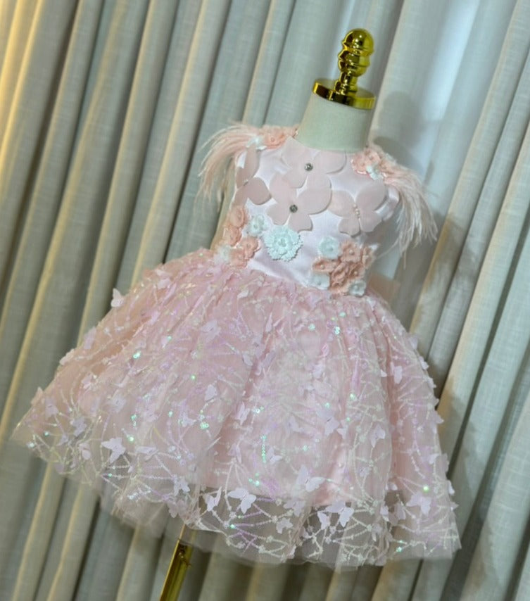 Vestido de Fiesta Infantil Mariposas y Plumas Lentejuela