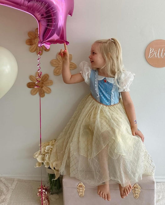 Vestido infantil de princesa amarillo y azul