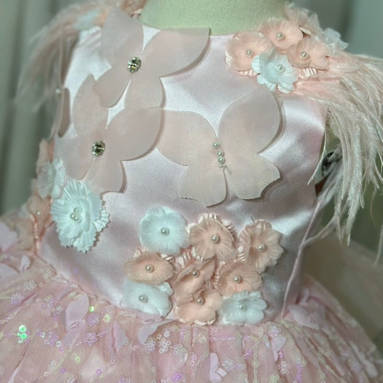 Vestido de Fiesta Infantil Mariposas y Plumas Lentejuela