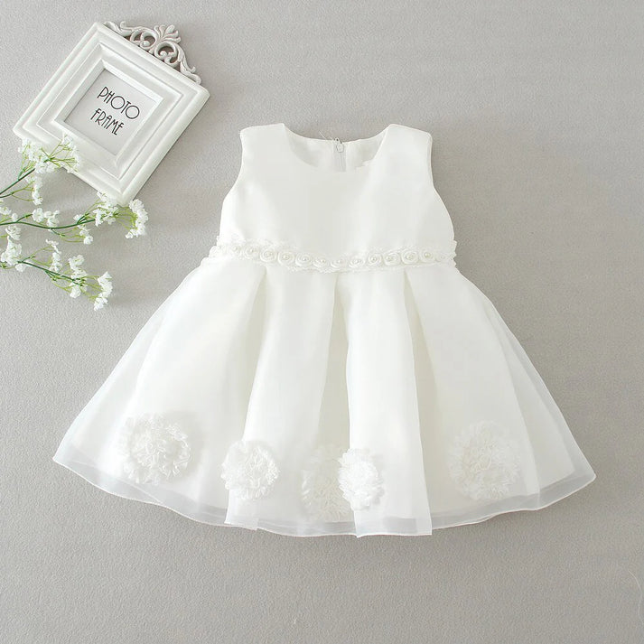 Vestido Blanco para Niña con Lazo y Detalles Florales