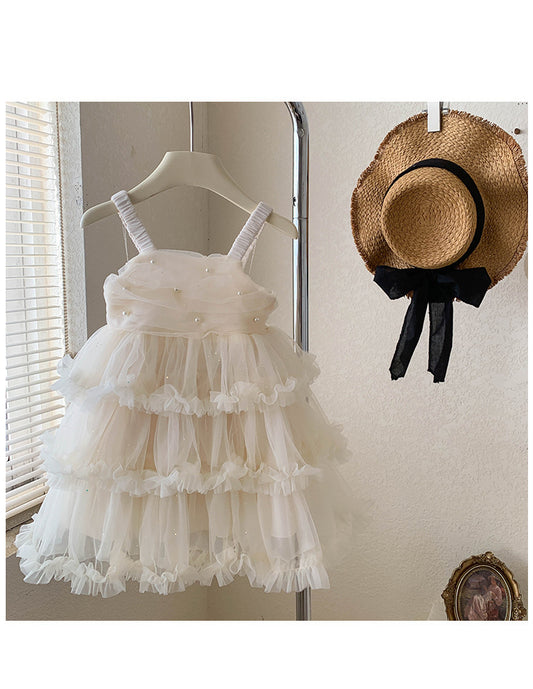 Vestido Infantil de Tul con Capas de Perlas