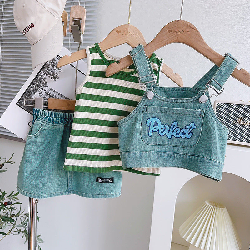 Conjunto Infantil de 3 Piezas en Denim y Rayas