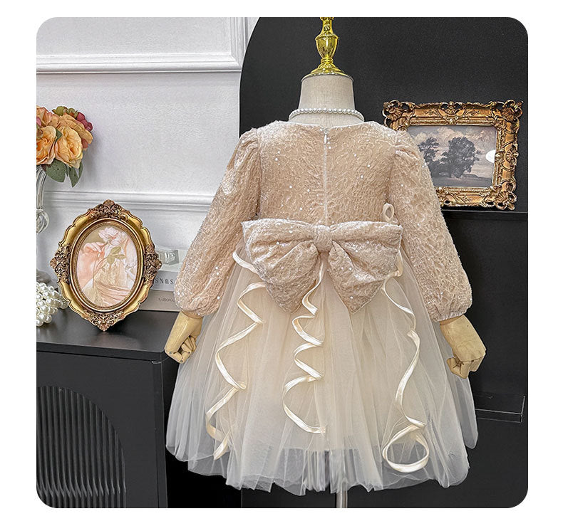 Vestido Infantil de Tul Brillante Con Lazo