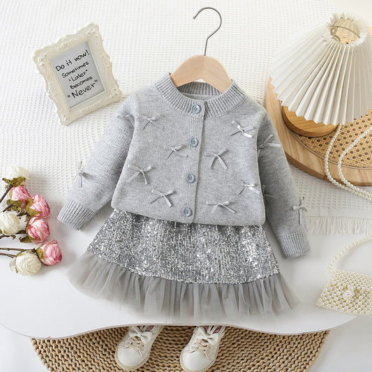 Conjunto Niña Lazo y Falda Brillante
