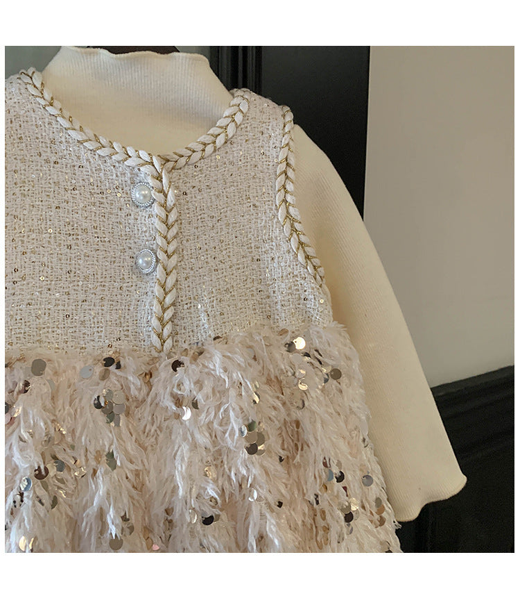 Conjunto Infantil de Vestido y Blusa con Plumas Brillantes