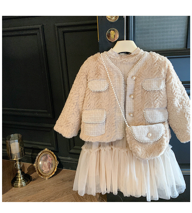 Conjunto Infantil de Mujer Vestido + Abrigo de Piel