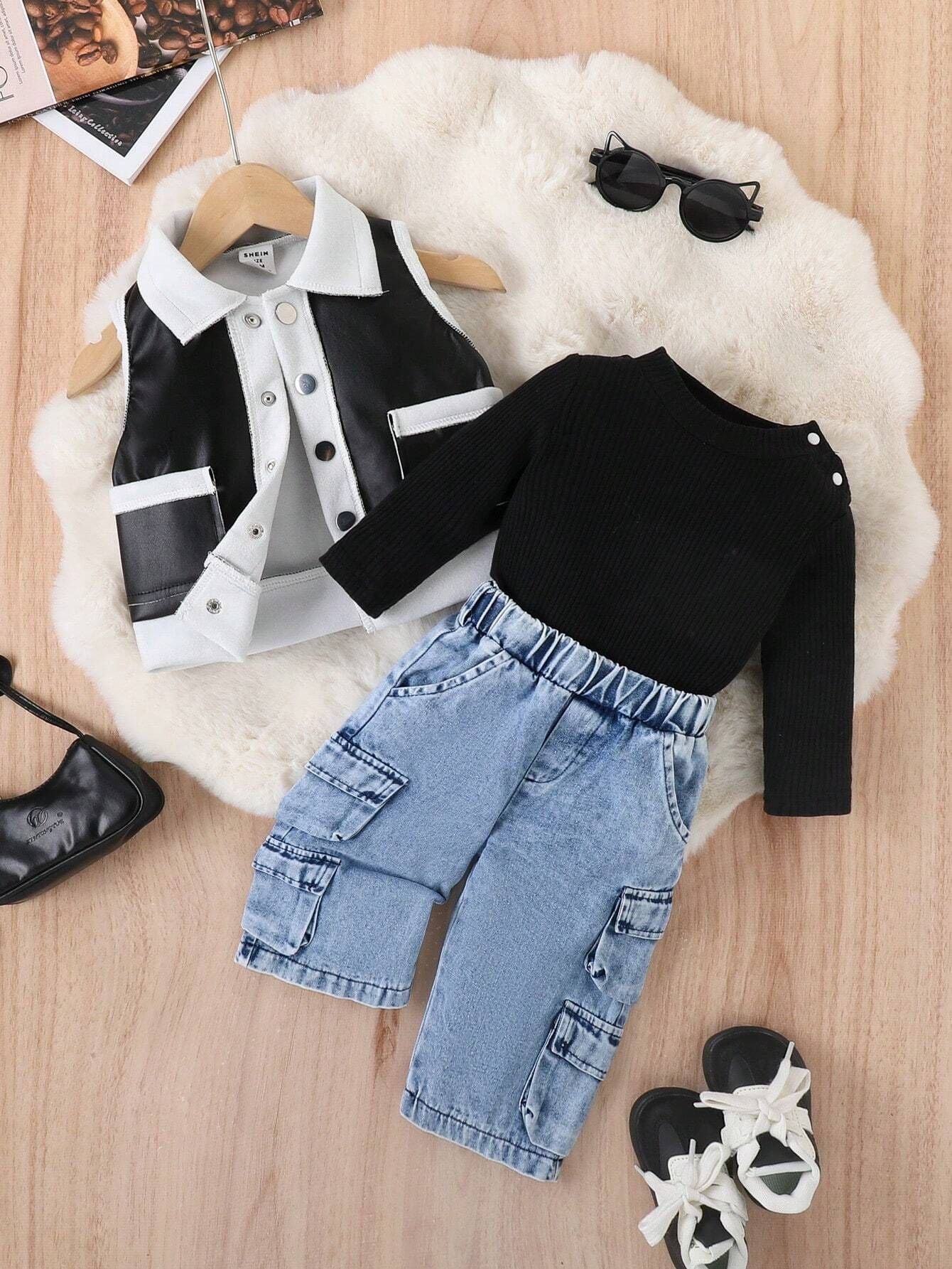 Conjunto de 3 piezas para niña: chaleco y vaqueros