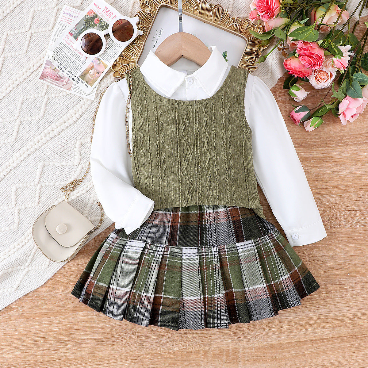 Conjunto de 3 piezas para niña: chaleco y falda