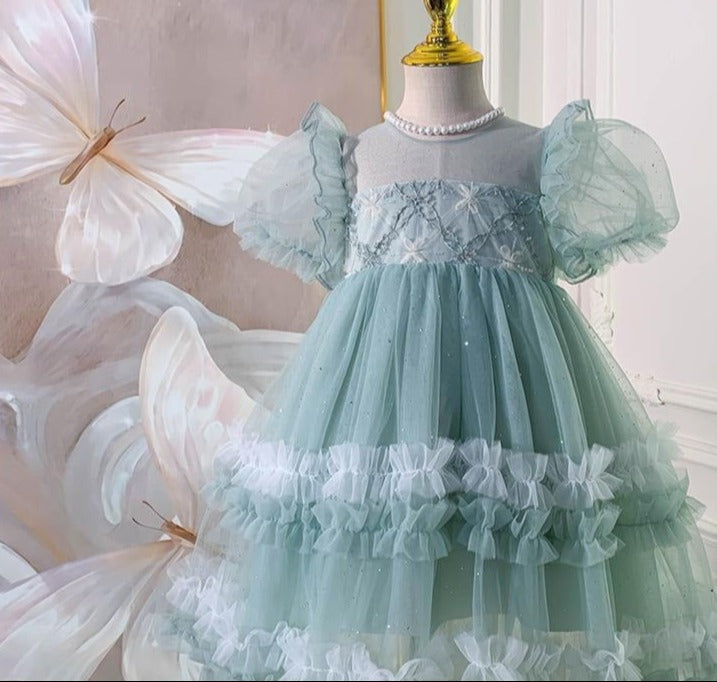 Vestido infantil de tul escalonado brillante