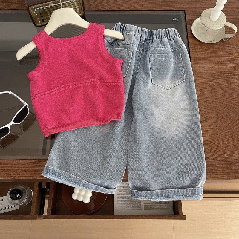 Conjunto Infantil  Pantalón Ancho + Cropeed Rosa