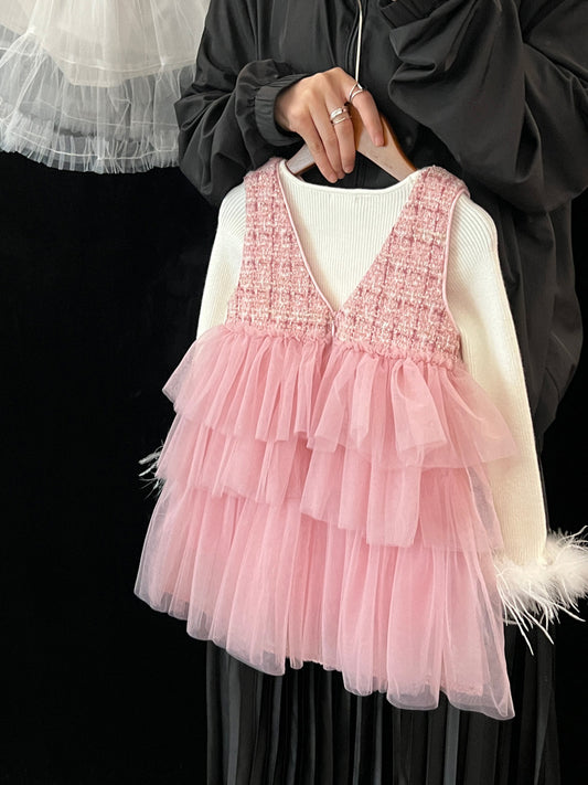 Vestido infantil de tweed con tul y blusa