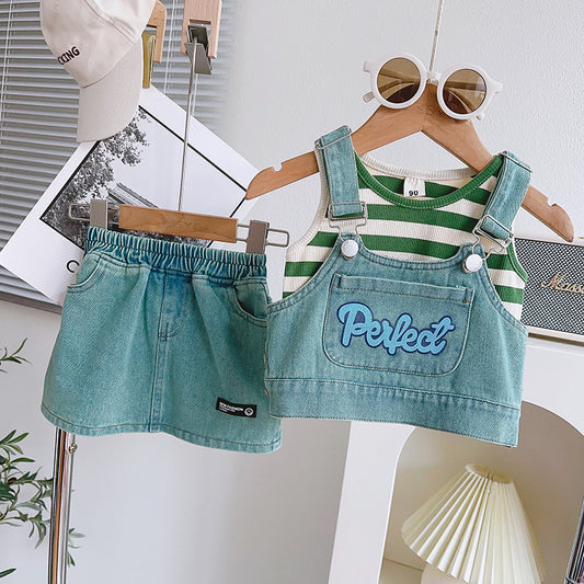 Conjunto Infantil de 3 Piezas en Denim y Rayas
