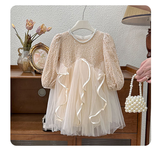 Vestido Infantil de Tul Brillante Con Lazo
