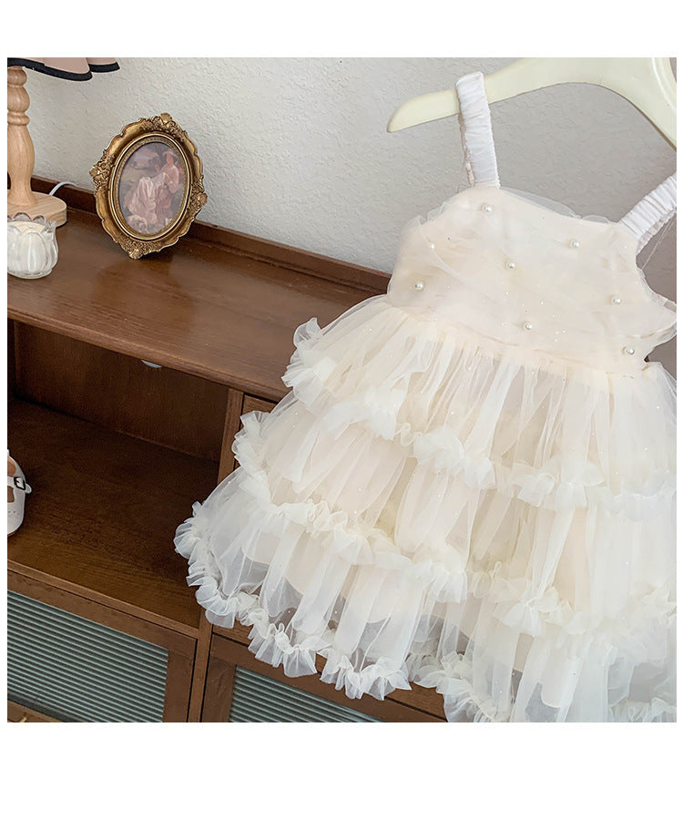 Vestido Infantil de Tul con Capas de Perlas