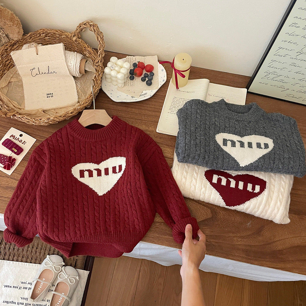 Blusa de punto de invierno con forma de corazón para niñas