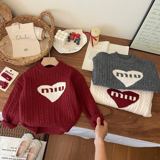 Blusa de punto de invierno con forma de corazón para niñas