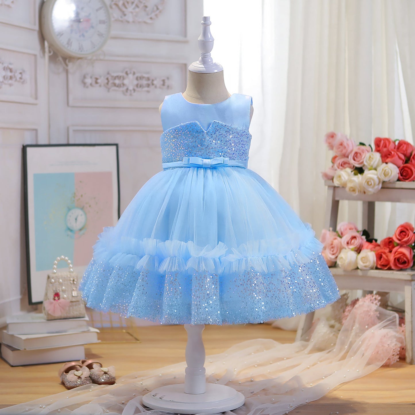 Vestido de Fiesta Infantil Tul Brillante Encaje