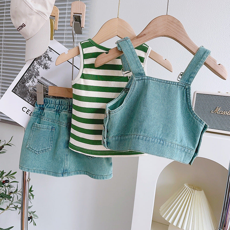 Conjunto Infantil de 3 Piezas en Denim y Rayas