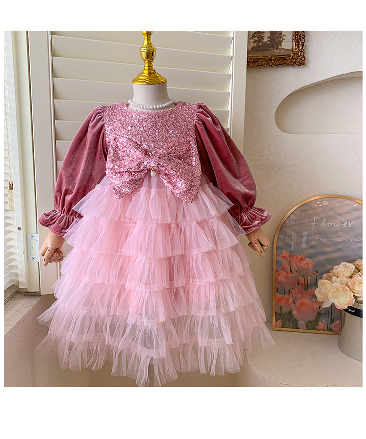 Vestido Infantil Lazo Rosa Brillante