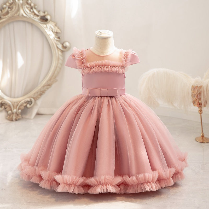 Vestido de fiesta infantil de tul plisado y perlas