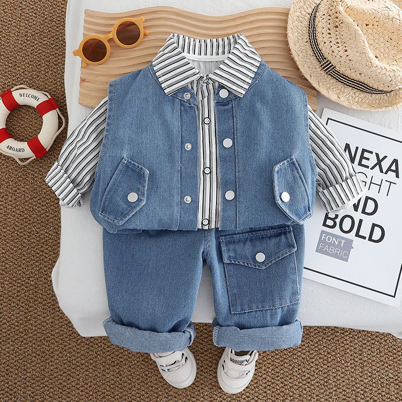 Conjunto de 3 piezas de jeans y rayas para niño