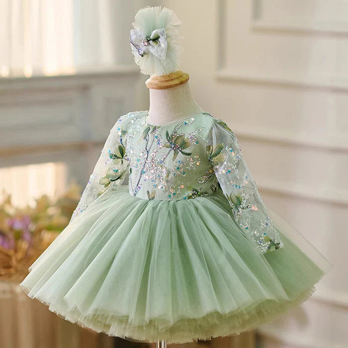 Vestido de fiesta infantil con estampado floral verde brillante