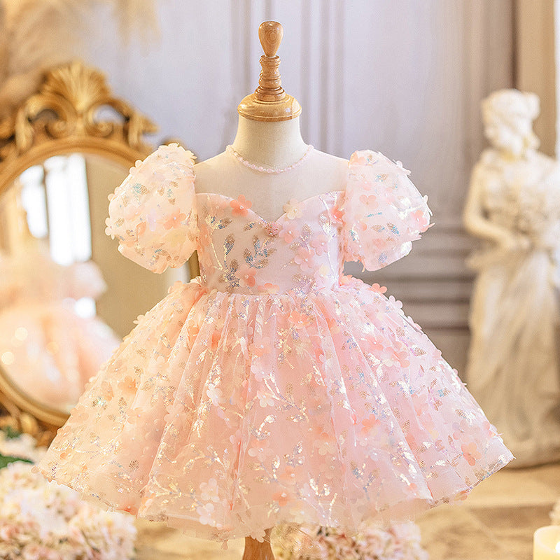 Vestido de Fiesta Infantil Con Flores Brillantes