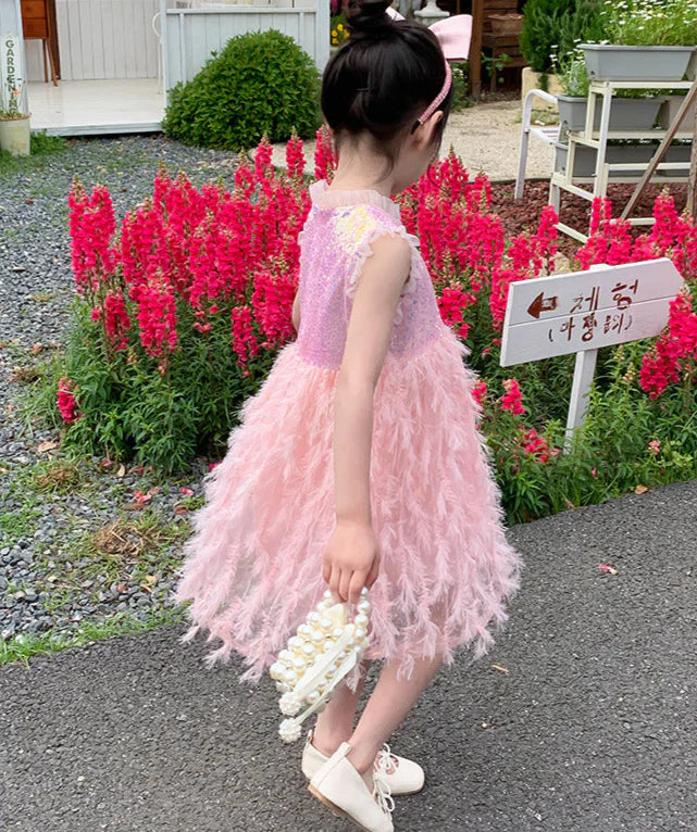 Vestido Infantil de Plumas Brillantes