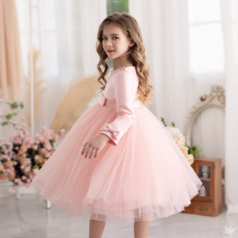 Vestido Infantil Manga Larga Lazo y Perlas