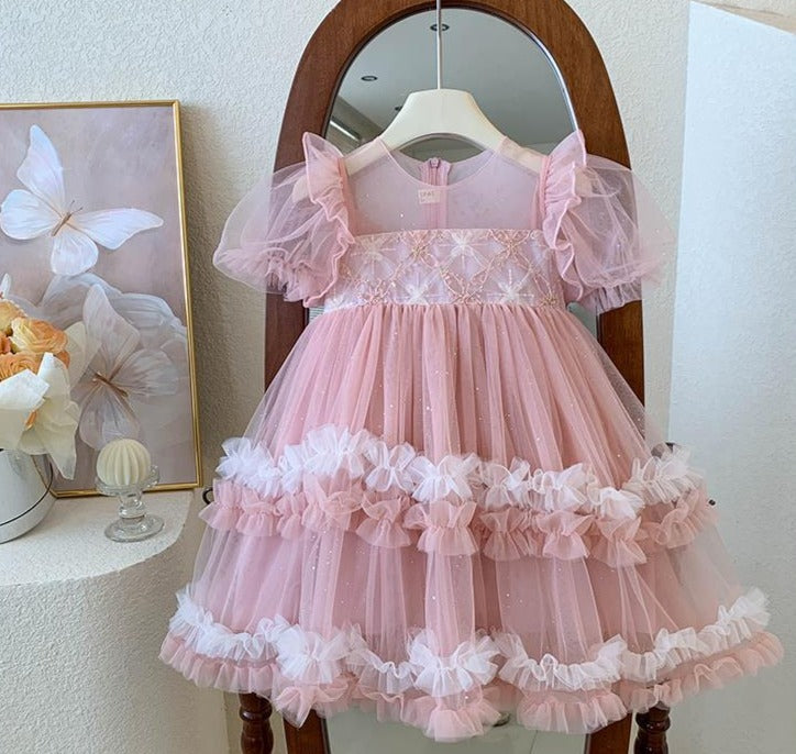 Vestido infantil de tul escalonado brillante