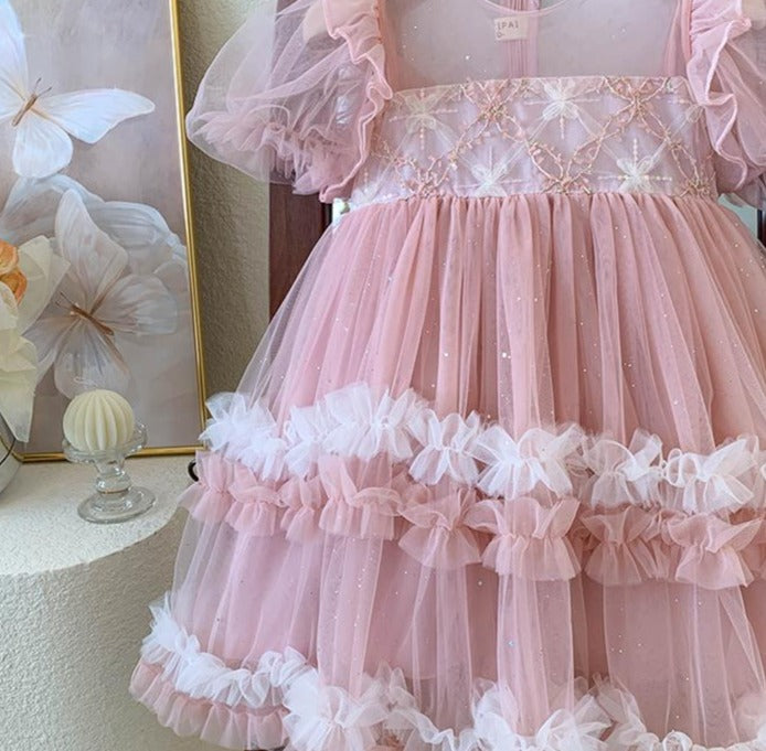 Vestido infantil de tul escalonado brillante