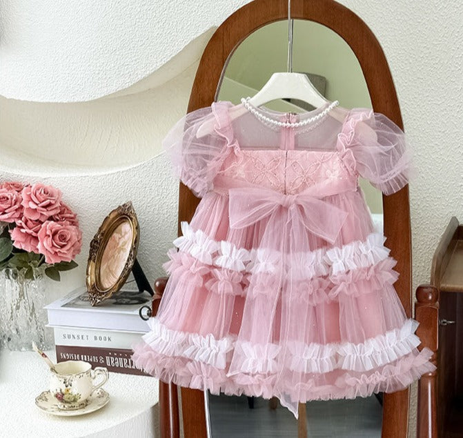 Vestido Infantil Tul Perlas y Lazo