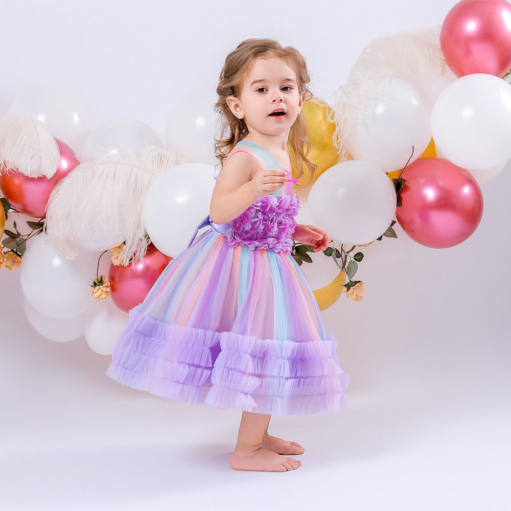 Vestido Infantil Flores Tul Colores