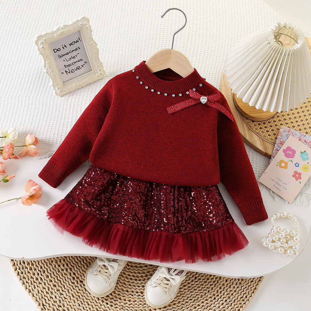 Conjunto Niña Lazo y Falda Brillante