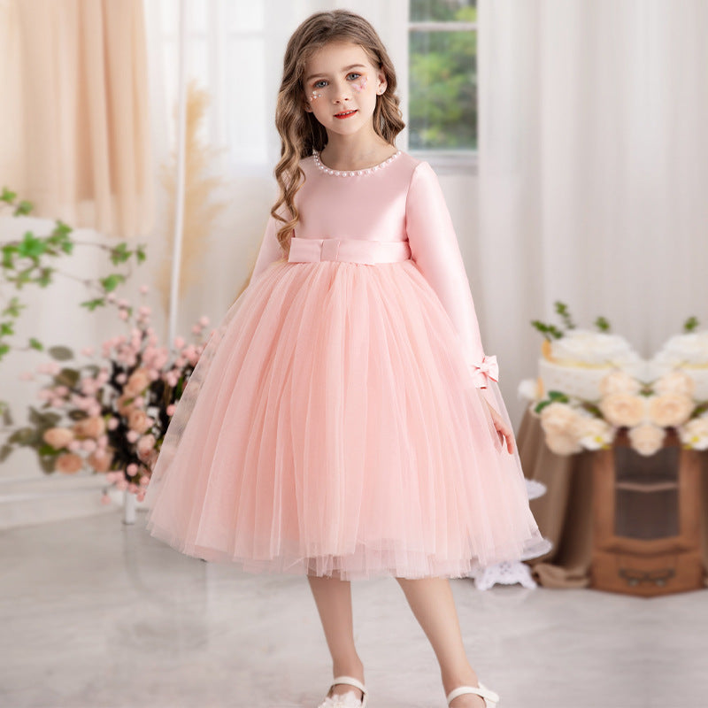 Vestido Infantil Manga Larga Lazo y Perlas