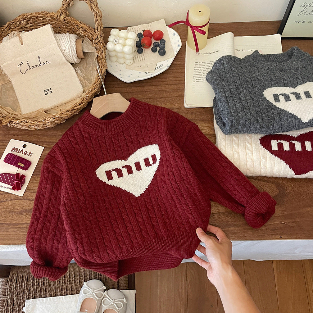 Blusa de punto de invierno con forma de corazón para niñas