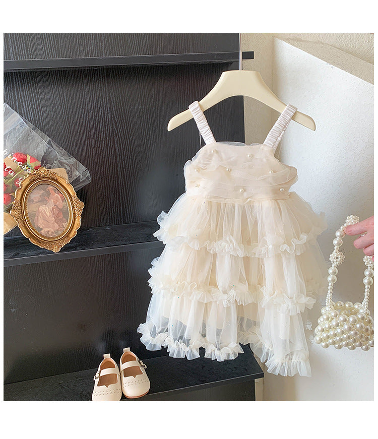Vestido Infantil de Tul con Capas de Perlas