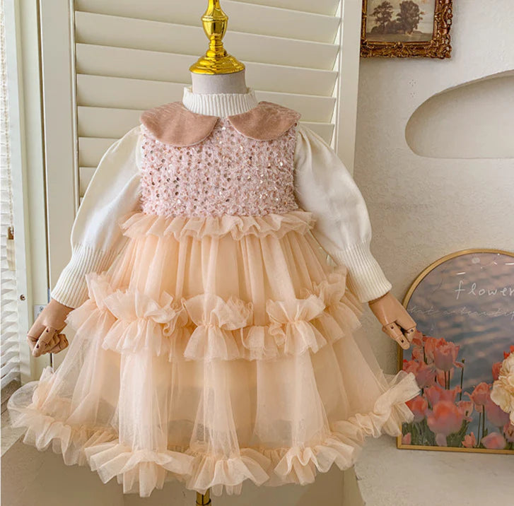 Vestido Infantil a Capas de Purpurina y Tul