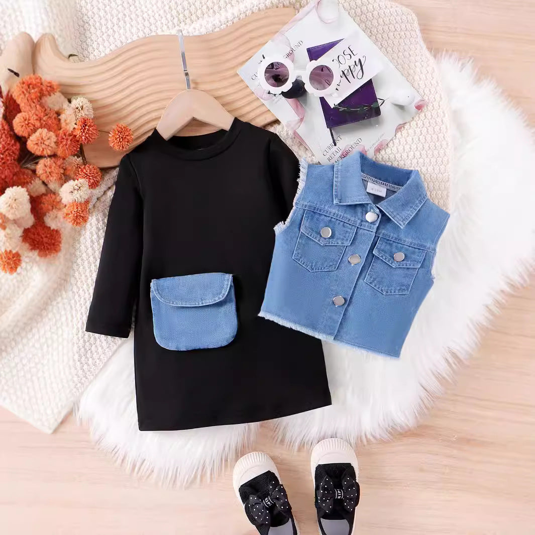 Vestido negro + chaleco vaquero infantil