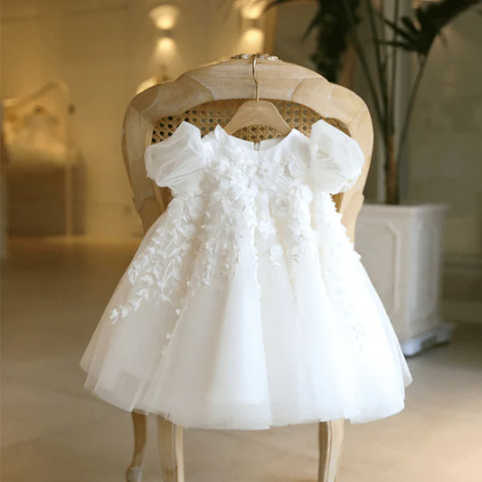 Vestido Infantil Blanco de Flores con Tul
