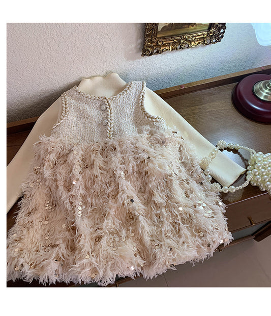 Conjunto Infantil de Vestido y Blusa con Plumas Brillantes