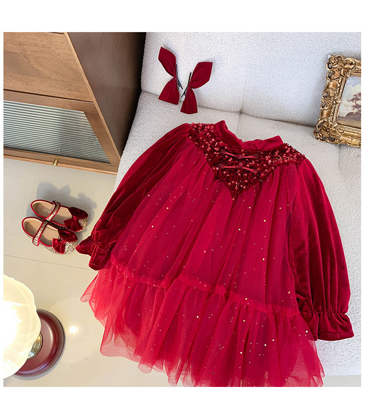 Vestido Infantil Tul Brillante Rojo