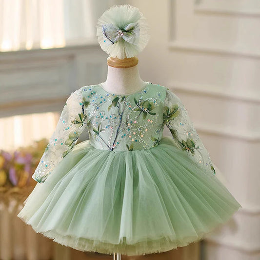 Vestido de fiesta infantil con estampado floral verde brillante